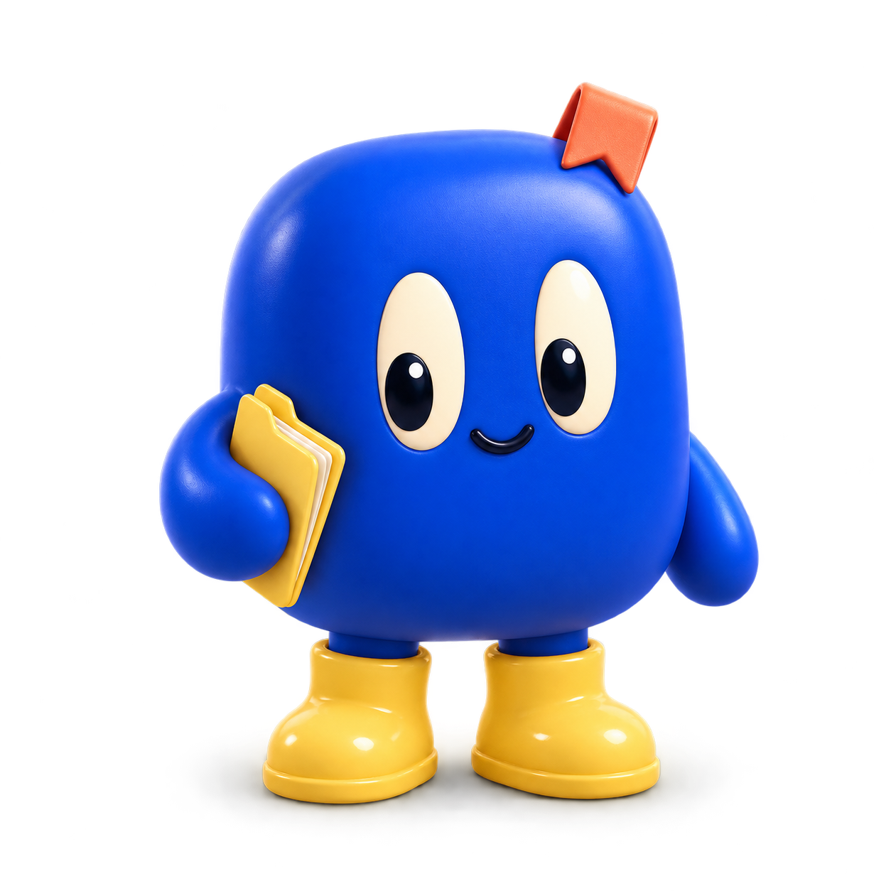 A smiling cobalt-blue little keeper with yellow boots, holding a folder